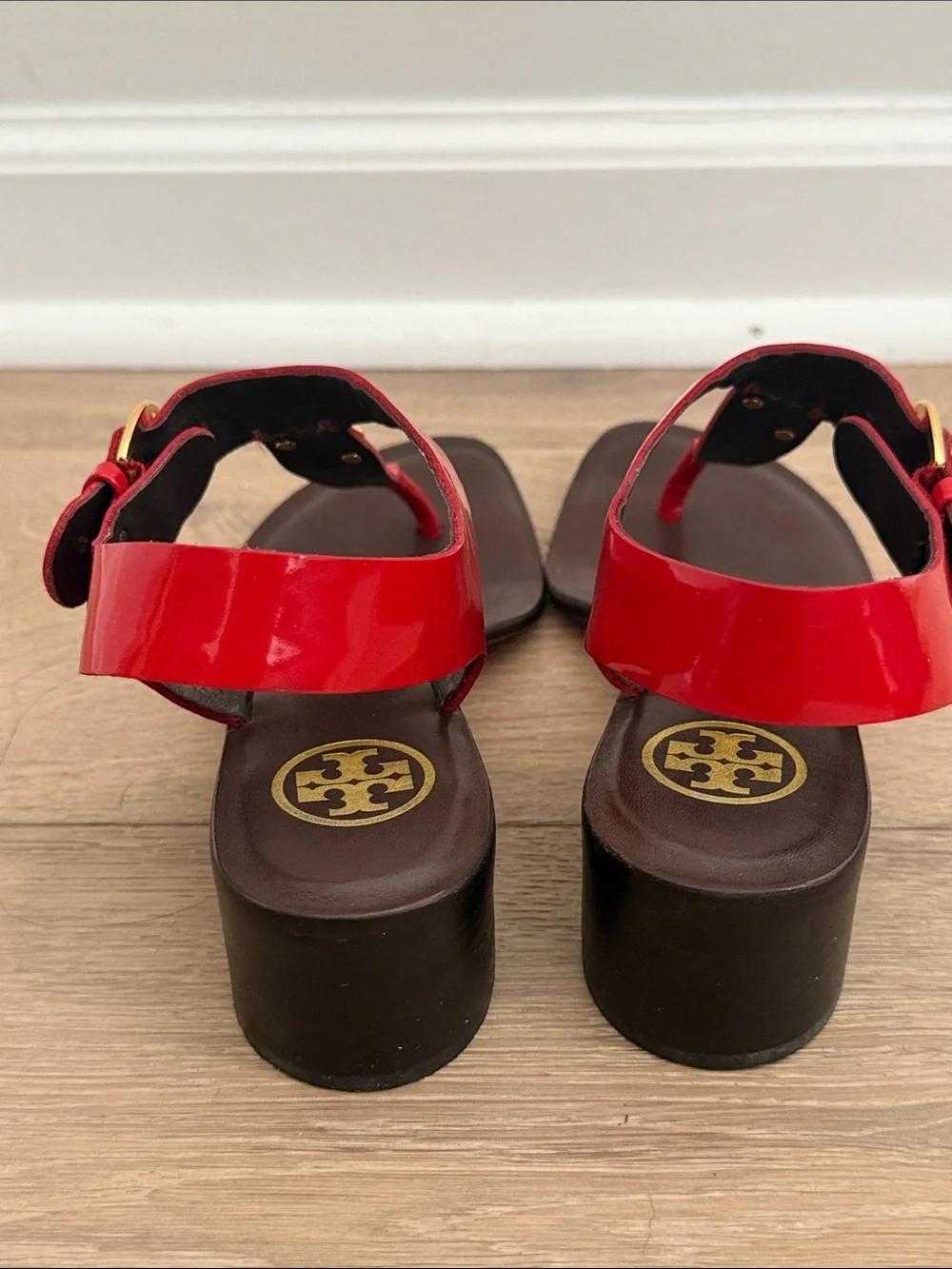 Tory Burch Red Patent Leather T-Strap Sandals with Gold Logo